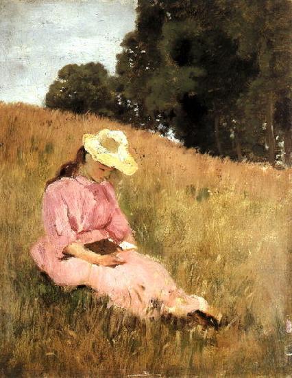 Otto Scholderer Lesendes Madchen auf einer Wiese oil painting image